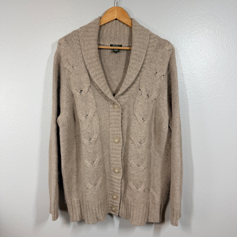 Eddie Bauer Cardigan Women XXL Tan Shawl Collar Cable Knit Angora Blend Sweater